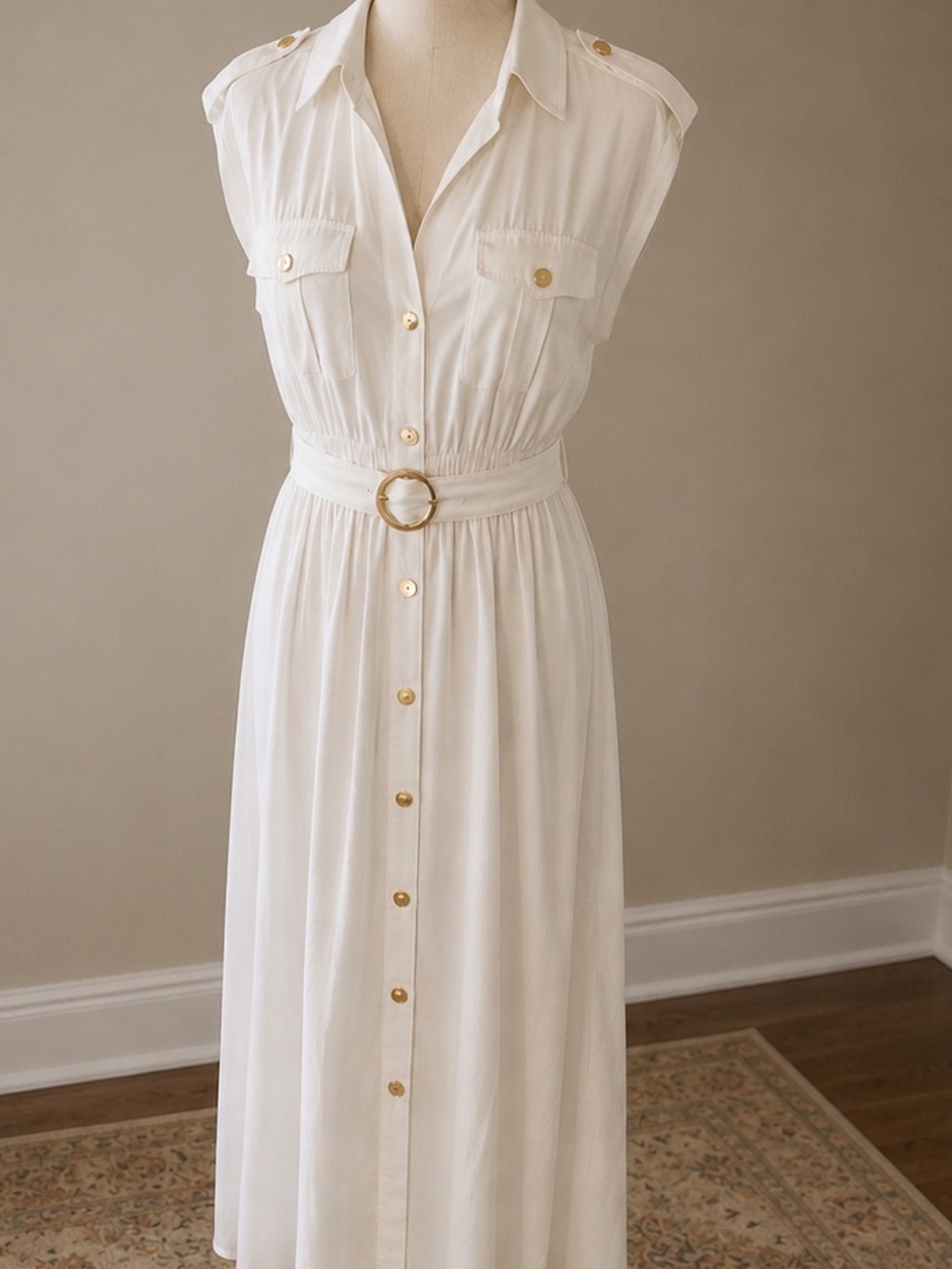 INC International Concepts White Sleeveless Shirt Maxi Dress with Gold Buttons